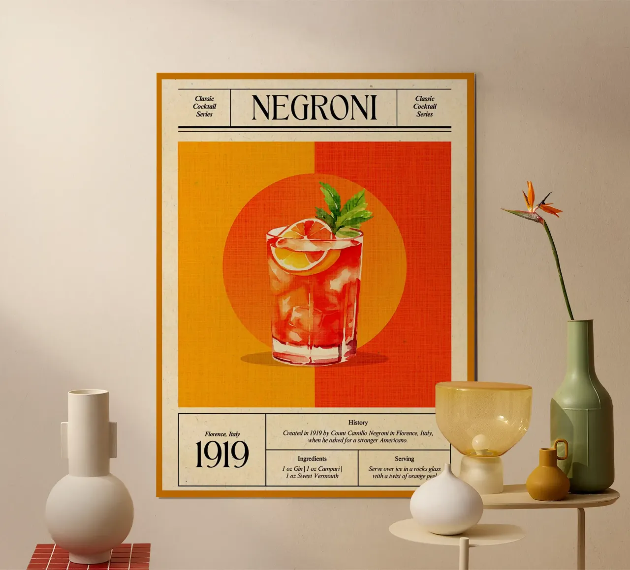 cocktail negroni fetta d'arancia bicchiere ghiaccio poster con telaio in plastica da Christine N Shay