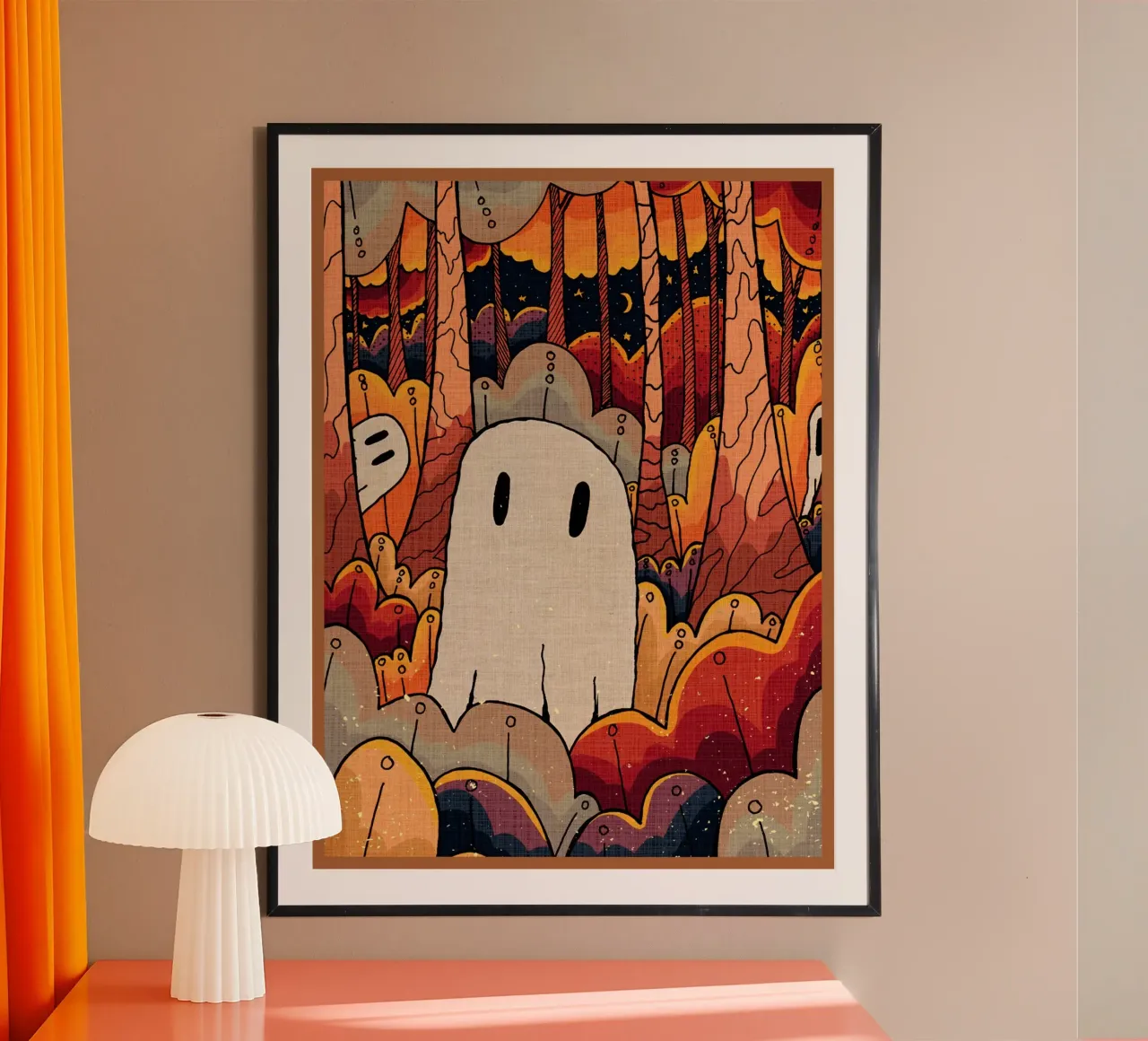 foresta fantasma funghi cielo notturno luna crescente poster con telaio in legno da Christine N Shay