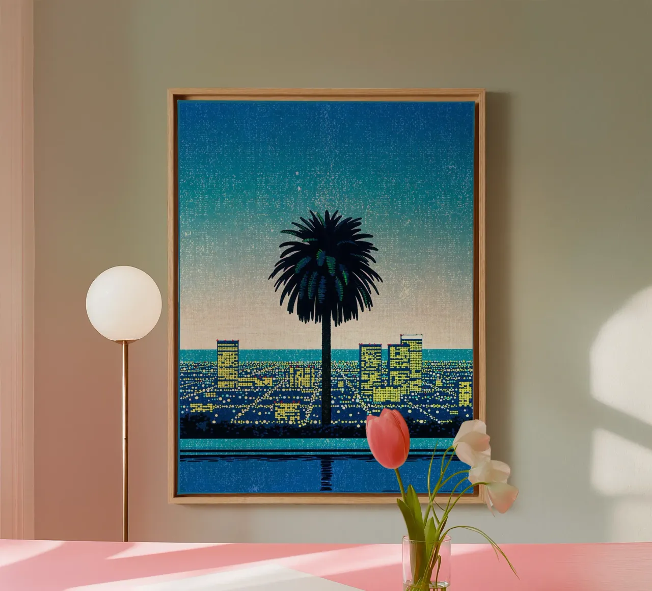 palmboom stadsgezicht gebouwen zonsondergang skyline horizon avond canvas met Baklijst van Christine N Shay