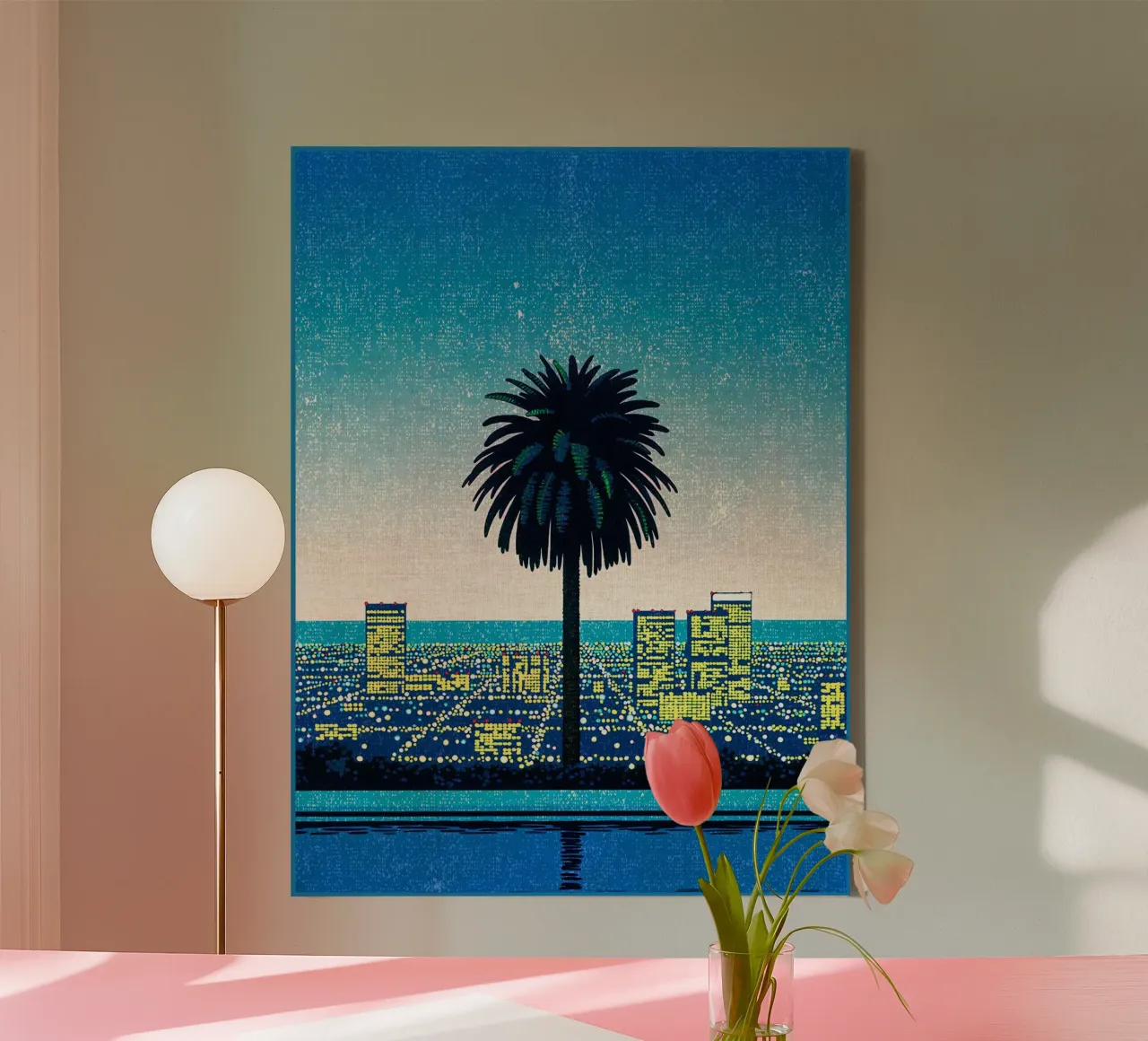 palmboom stadsgezicht gebouwen zonsondergang skyline horizon avond canvas met Baklijst van Christine N Shay