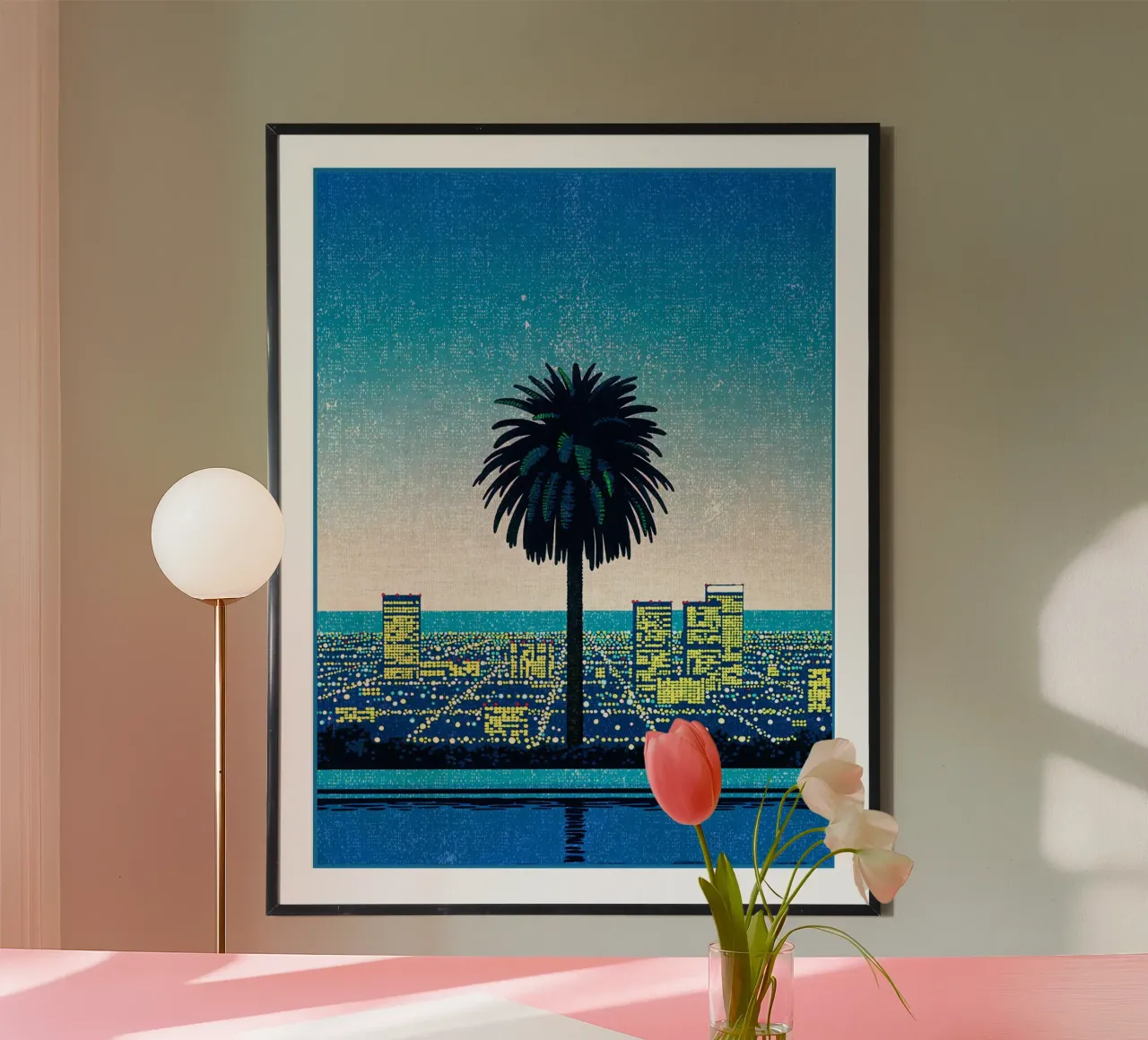 palmboom stadsgezicht gebouwen zonsondergang skyline horizon avond poster van Christine N Shay