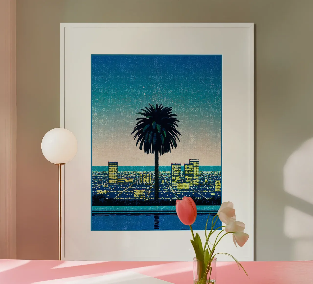 palmboom stadsgezicht gebouwen zonsondergang skyline horizon avond poster van Christine N Shay