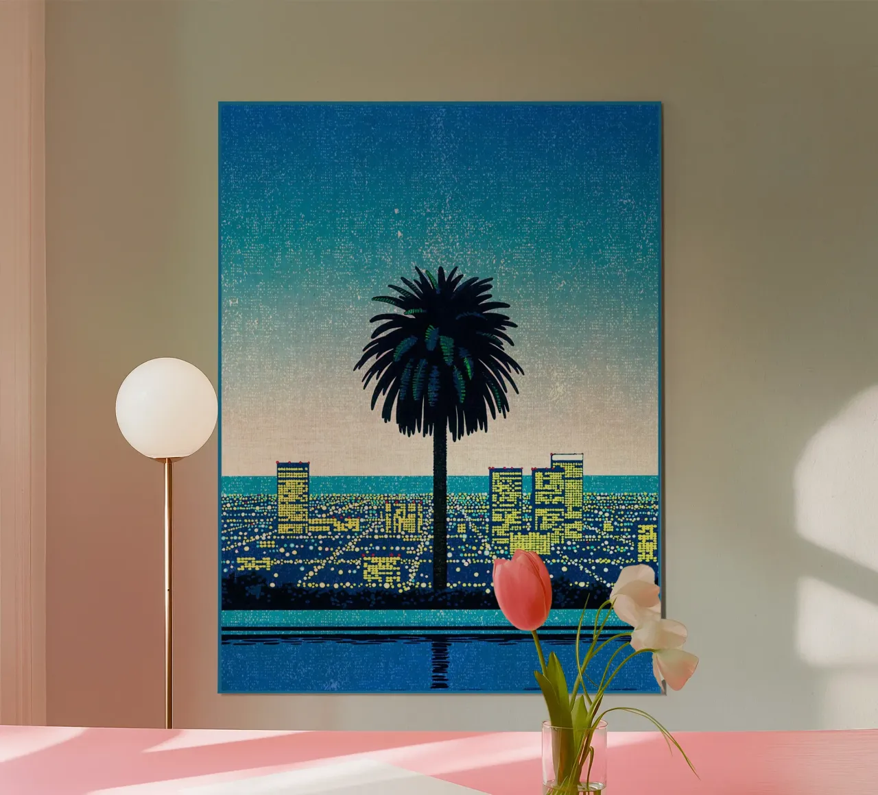 palmboom stadsgezicht gebouwen zonsondergang skyline horizon avond poster van Christine N Shay