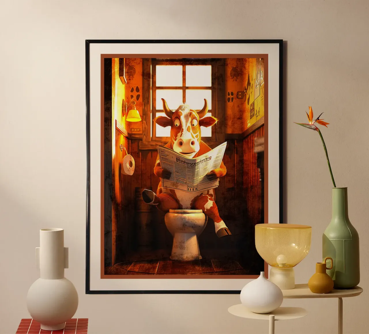 Kuh lesend Zeitung sitzend auf Toilette Badezimmer Poster von Christine N Shay