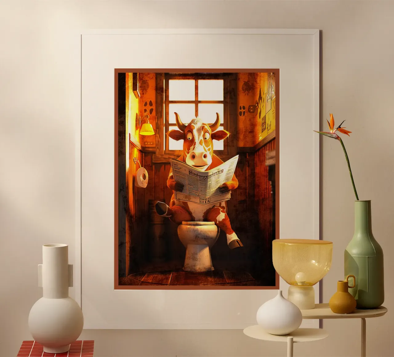 Kuh lesend Zeitung sitzend auf Toilette Badezimmer Poster von Christine N Shay