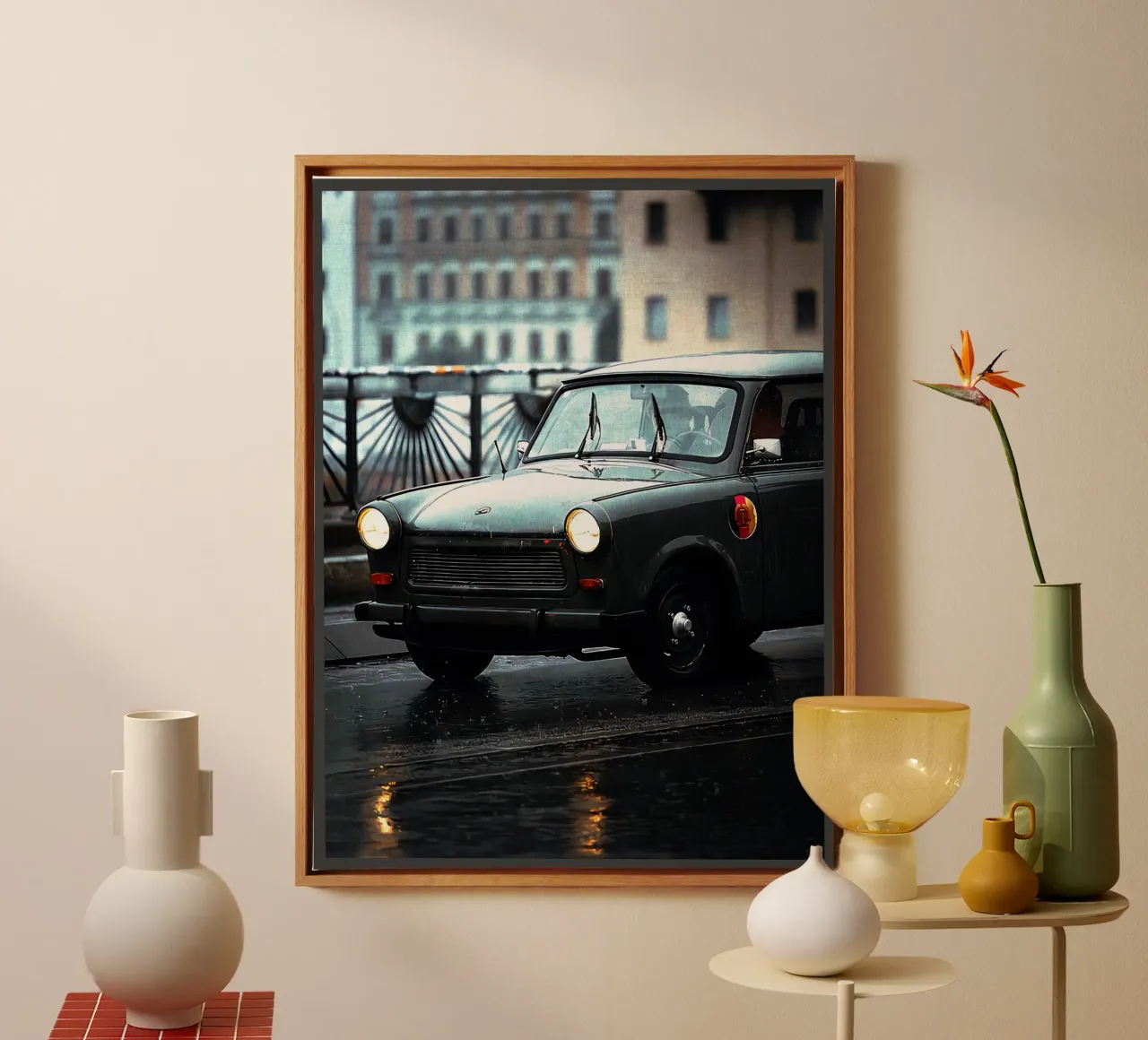 car railing bridge lantern reflection headlights canvas with Floater frame by Christine N Shay