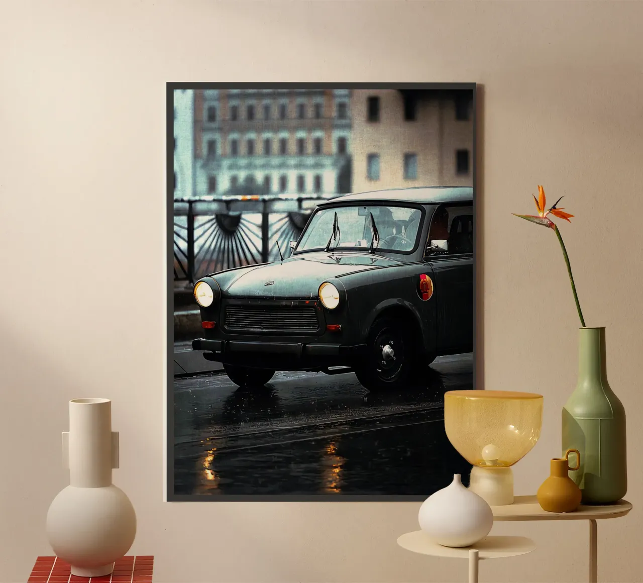 car railing bridge lantern reflection headlights canvas with Floater frame by Christine N Shay