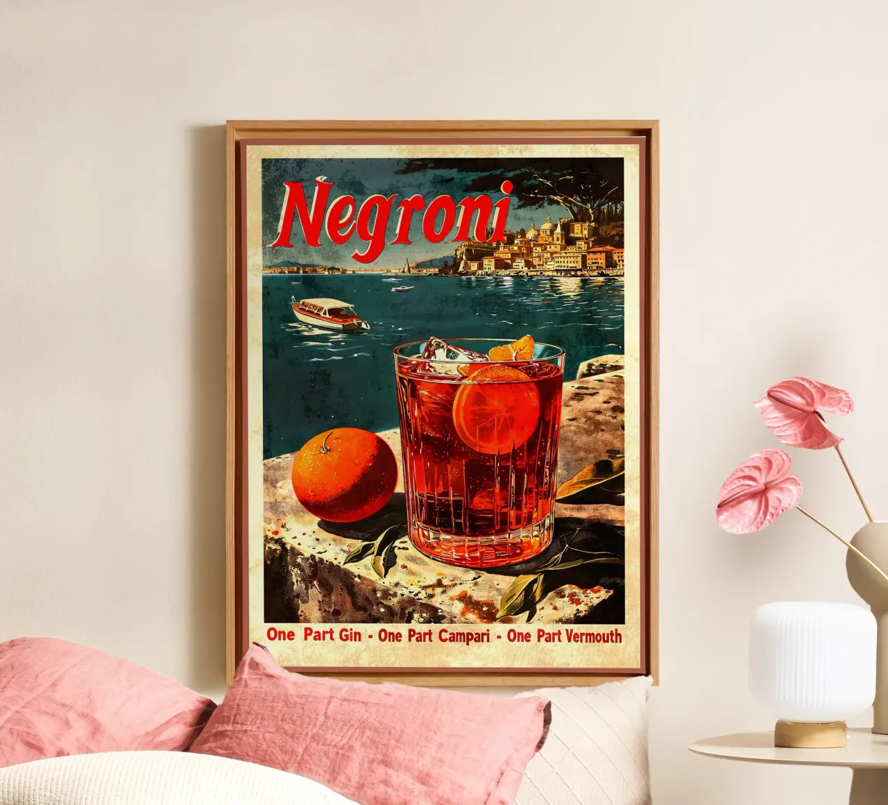 cocktail negroni fetta d'arancia bicchiere d'arancia cubetti di ghiaccio tela con Cornice a cassetta da Christine N Shay
