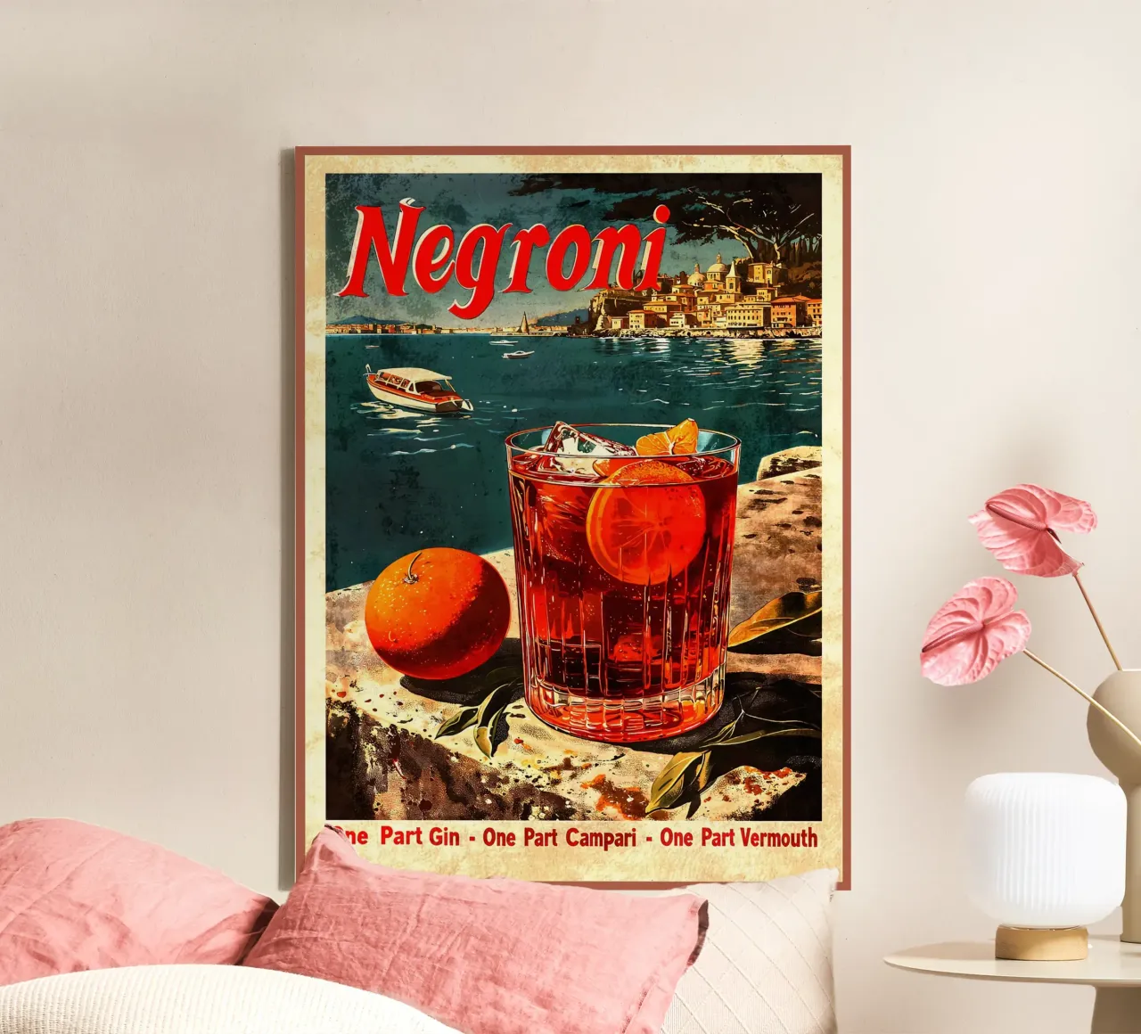 cocktail negroni fetta d'arancia bicchiere d'arancia cubetti di ghiaccio tela con Cornice a cassetta da Christine N Shay