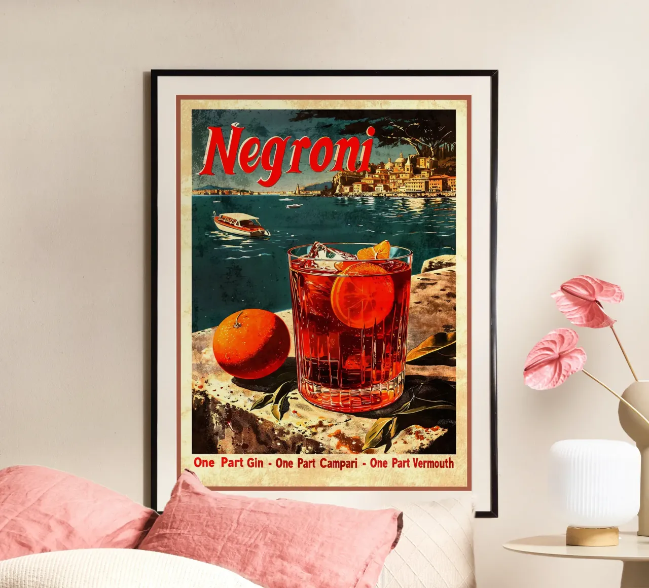 cocktail negroni fetta d'arancia bicchiere d'arancia cubetti di ghiaccio poster con telaio in legno da Christine N Shay