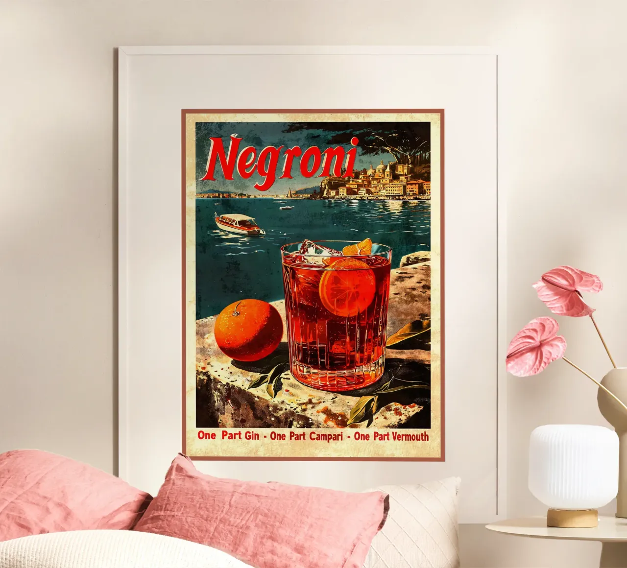 cocktail negroni fetta d'arancia bicchiere d'arancia cubetti di ghiaccio poster con telaio in legno da Christine N Shay