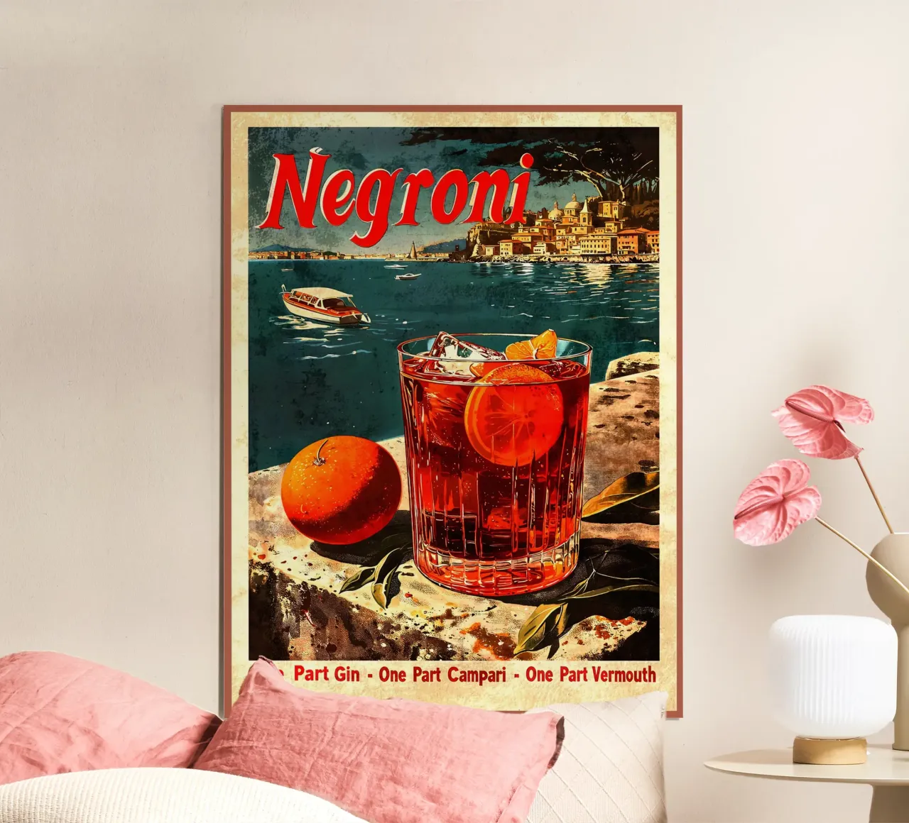 cocktail negroni fetta d'arancia bicchiere d'arancia cubetti di ghiaccio poster con telaio in legno da Christine N Shay