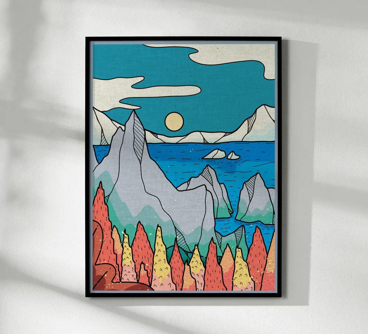 montagne mare sole iceberg alberi acqua poster da Christine N Shay