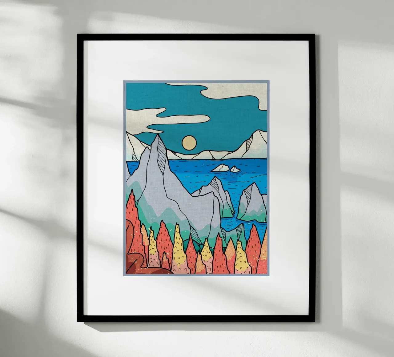 montagne mare sole iceberg alberi acqua poster da Christine N Shay