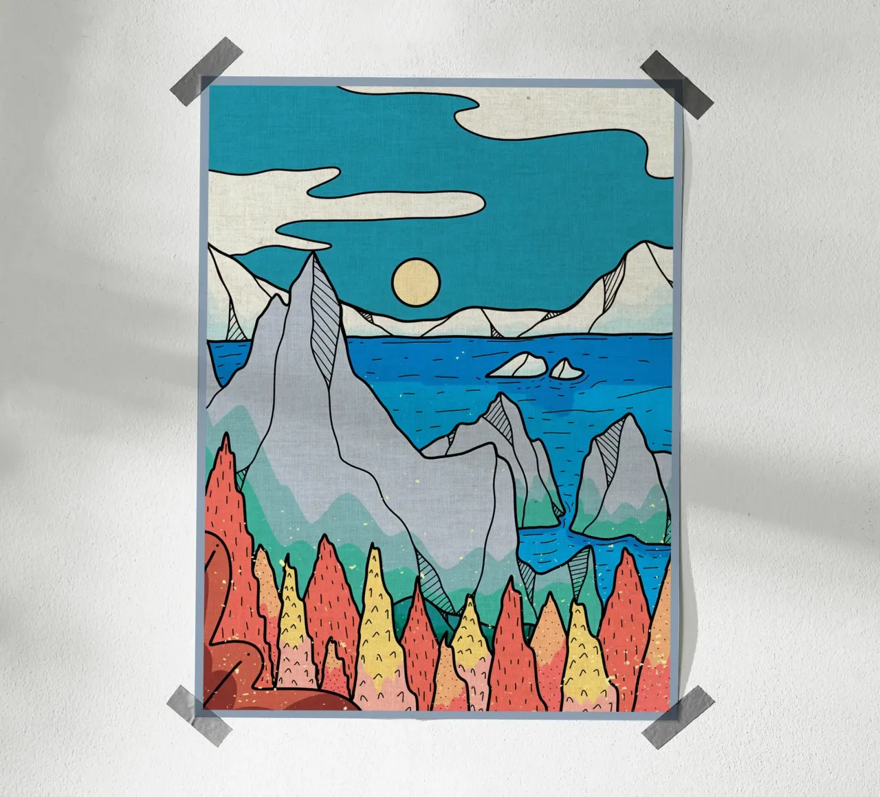montagne mare sole iceberg alberi acqua poster da Christine N Shay