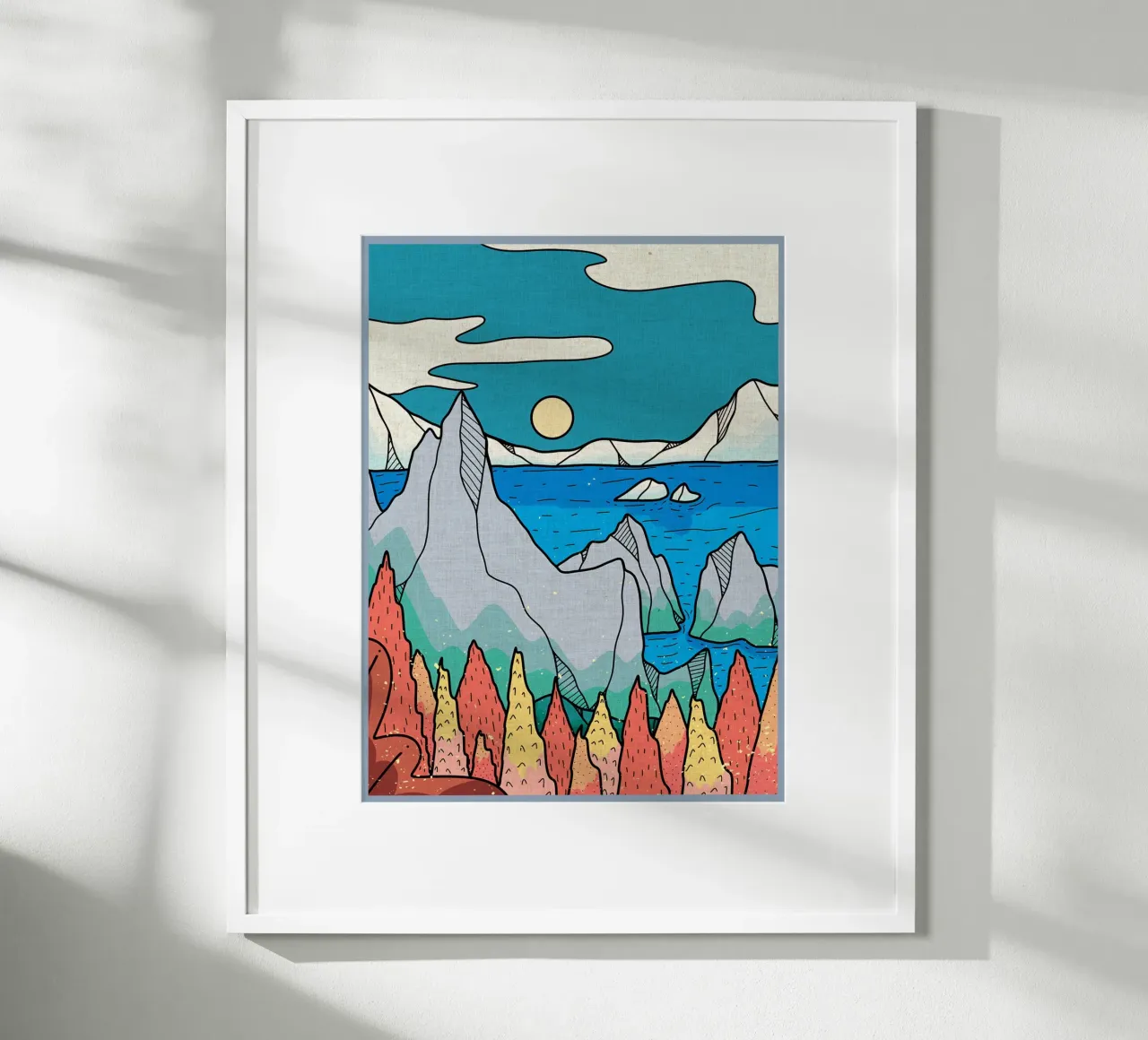 montagne mare sole iceberg alberi acqua poster da Christine N Shay