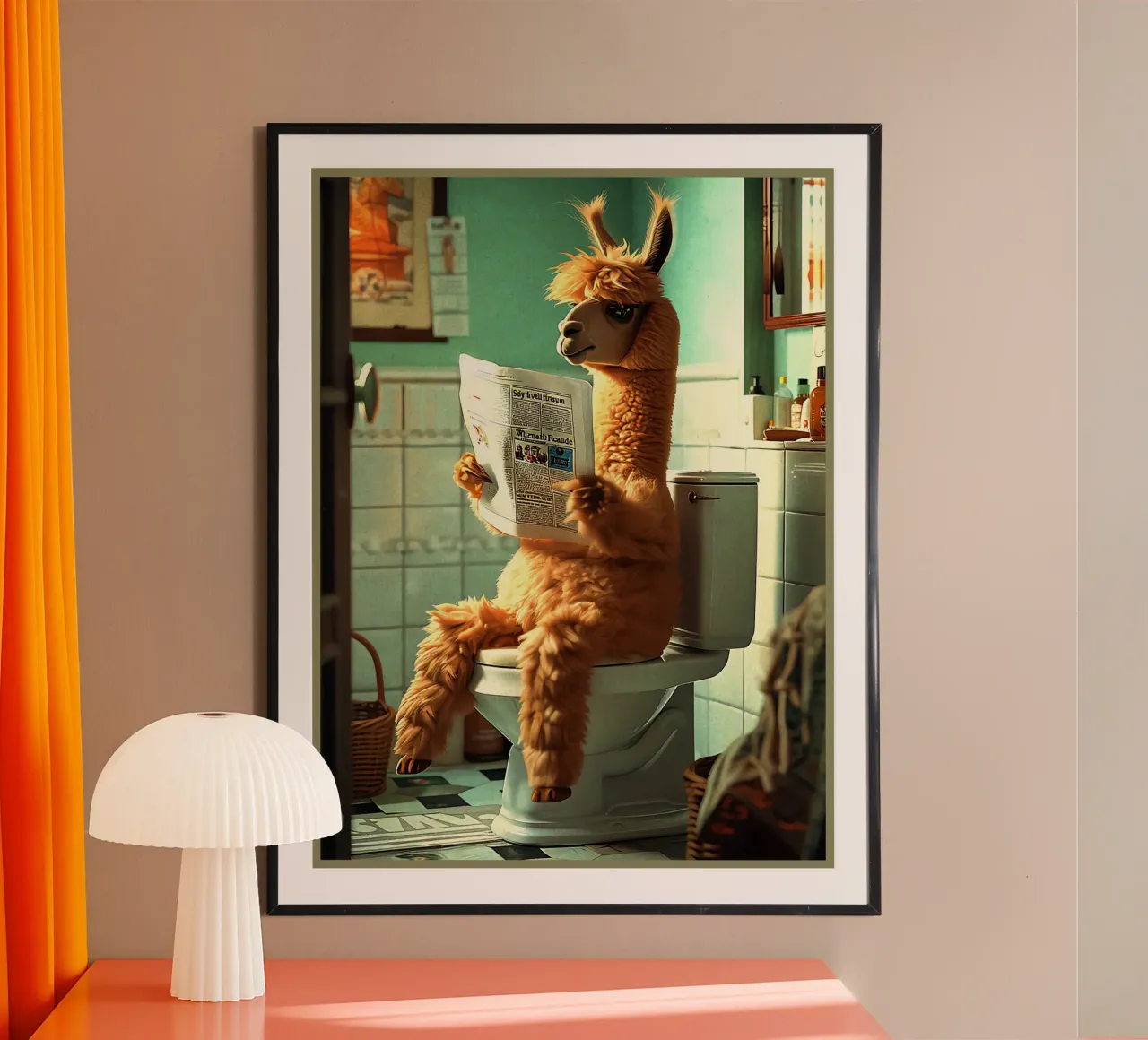 lama zeitung bad toilette korb handtücher Poster von Christine N Shay