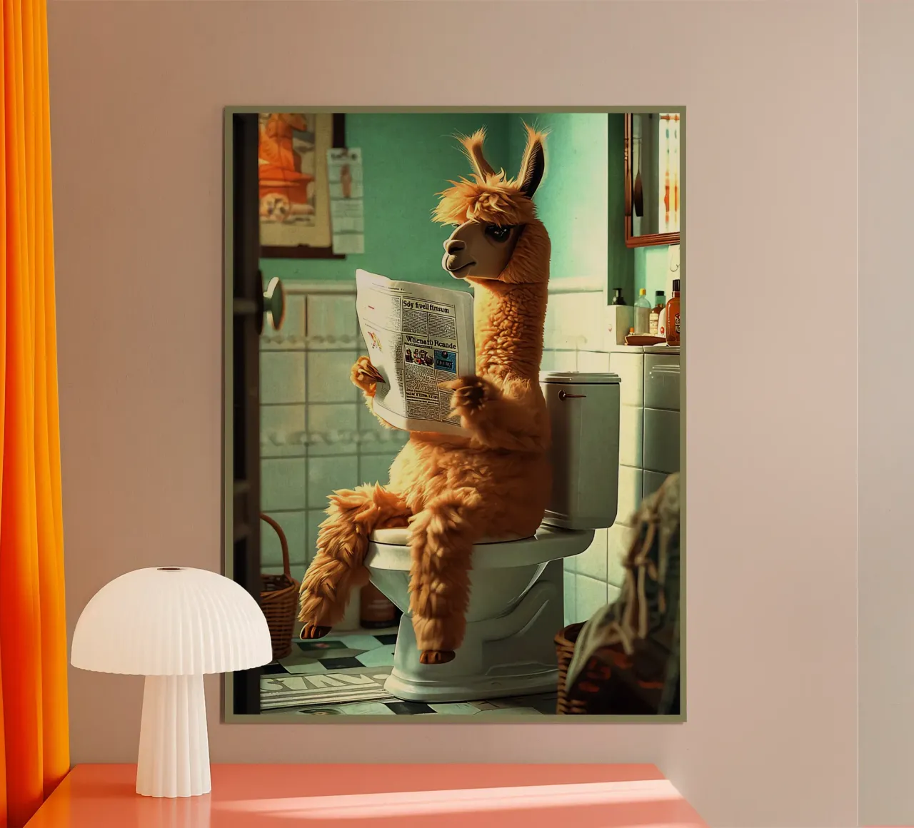 lama zeitung bad toilette korb handtücher Poster von Christine N Shay