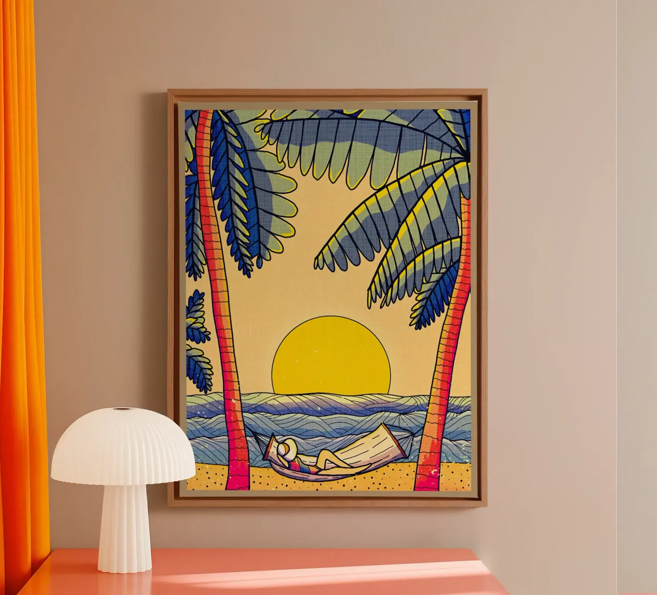 beach palm trees hammock person sunset ocean canvas with Floater frame by Christine N Shay