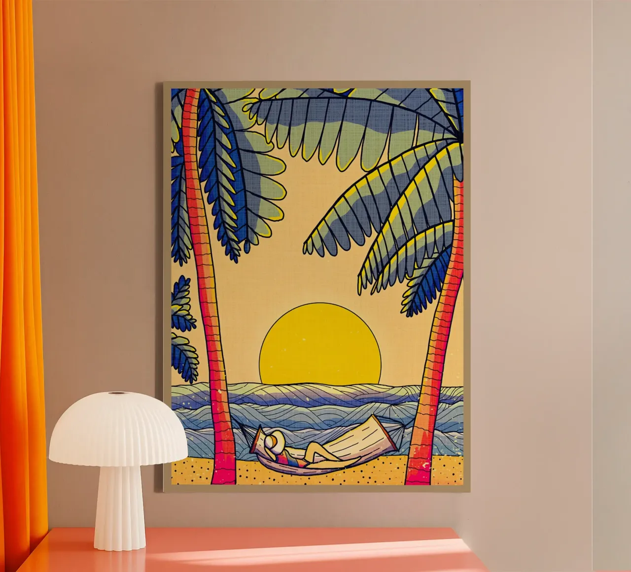 beach palm trees hammock person sunset ocean canvas with Floater frame by Christine N Shay