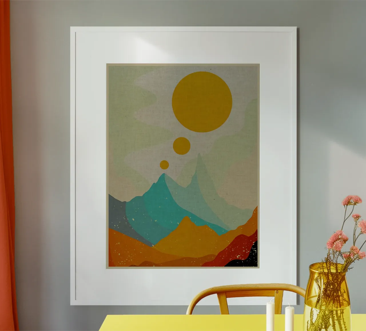 bergen zon abstract landschap cirkels horizon natuur poster van Christine N Shay