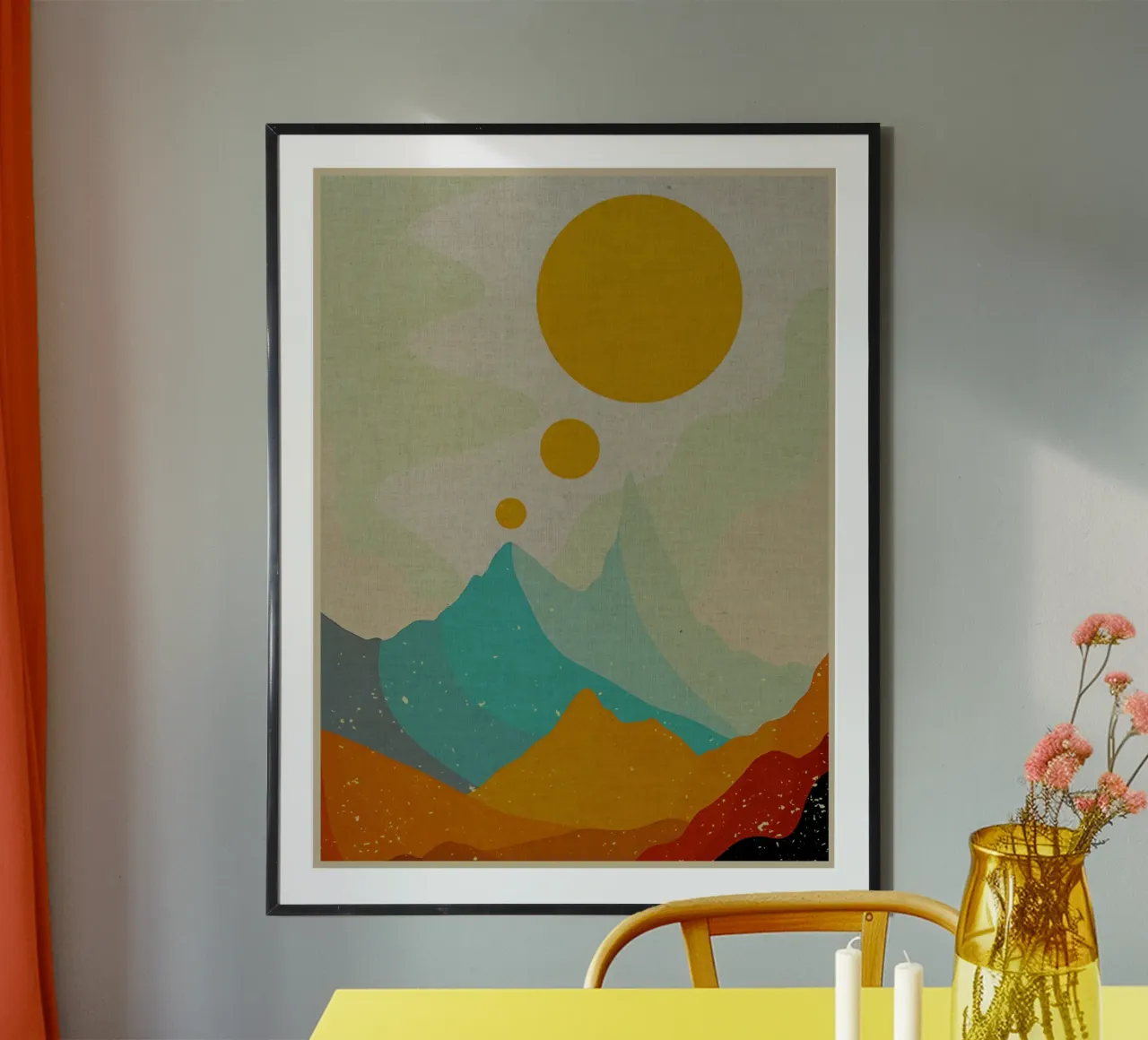 bergen zon abstract landschap cirkels horizon natuur poster van Christine N Shay