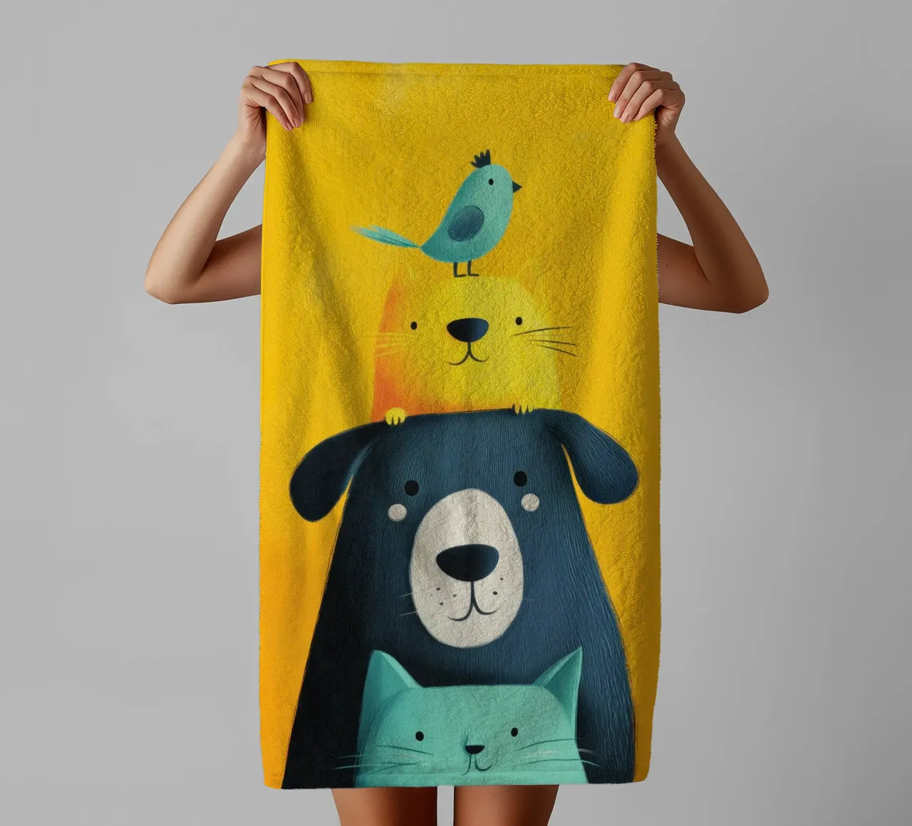 Bear, Cat, Cat, Bird towel by Kiara