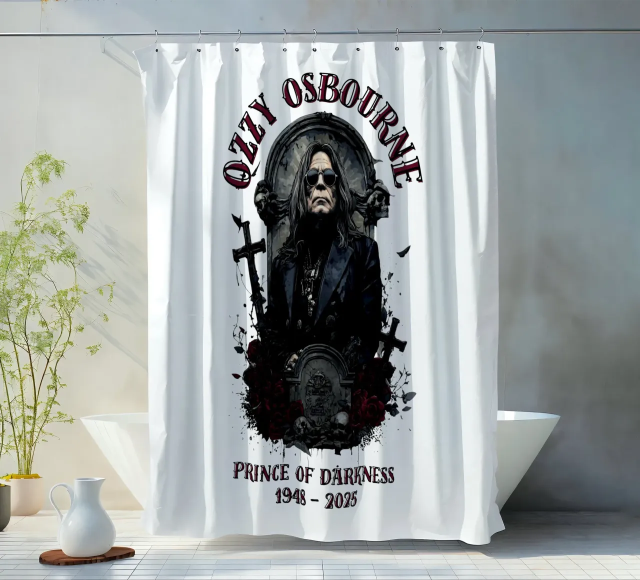 Rust in vrede Ozzy Osbourne douchegordijn van https://www.juniqe.com/uk/shop/Henndraws