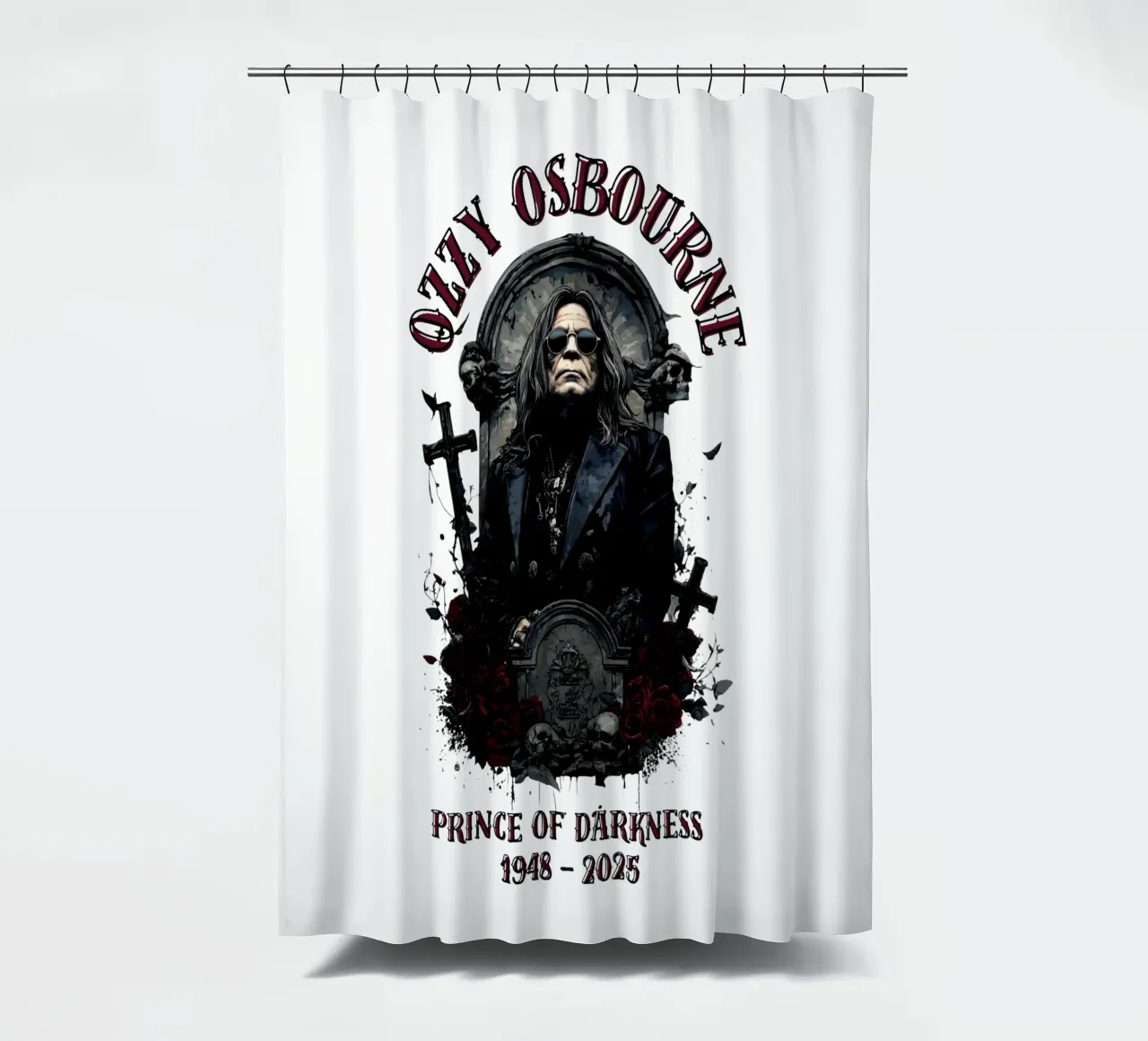 Rust in vrede Ozzy Osbourne douchegordijn van https://www.juniqe.com/uk/shop/Henndraws