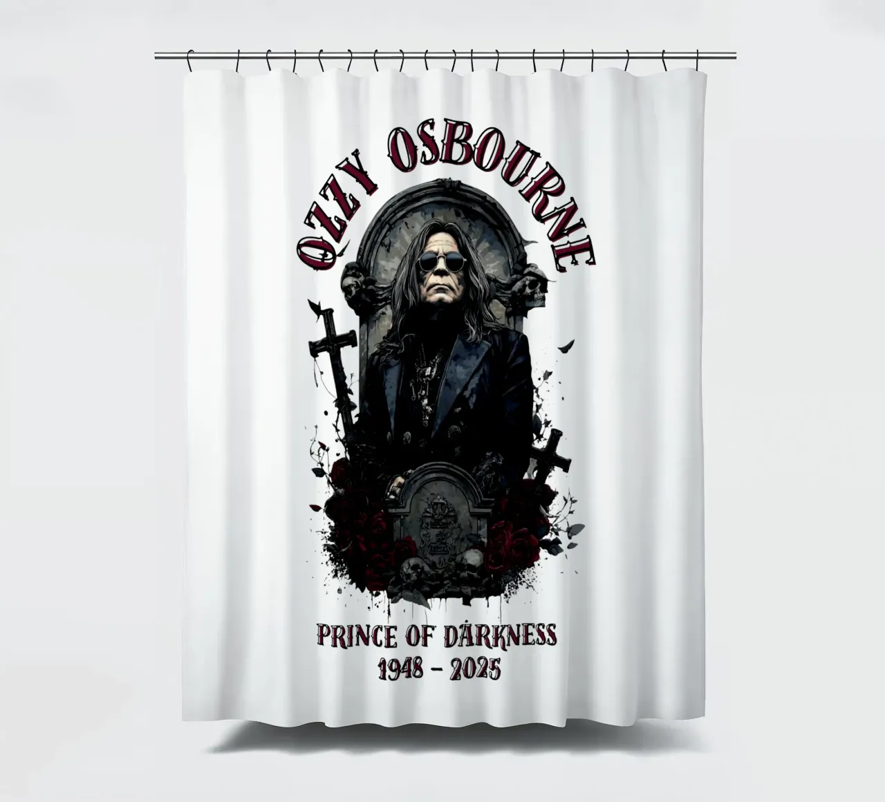 Rust in vrede Ozzy Osbourne douchegordijn van https://www.juniqe.com/uk/shop/Henndraws