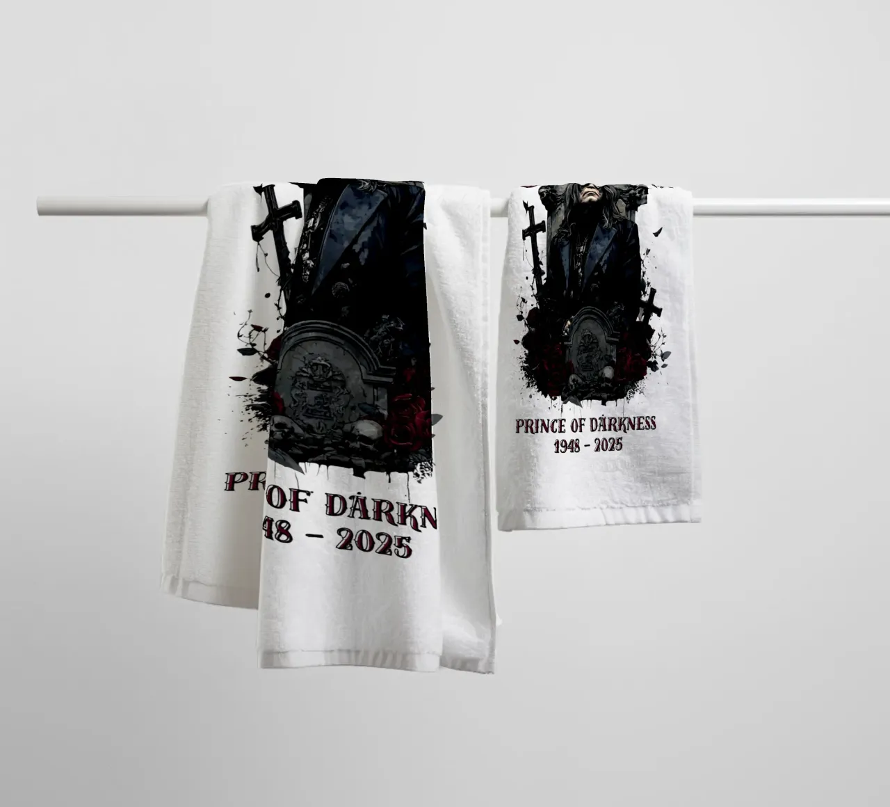 Rest In Peace Ozzy Osbourne towel by https://www.juniqe.com/uk/shop/Henndraws