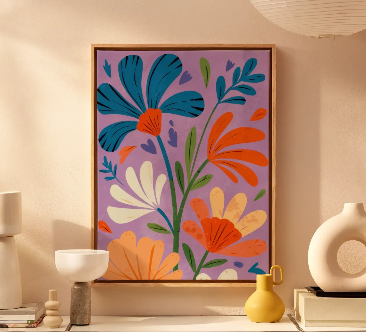 Fantasía floral púrpura lienzo con Marco flotante de Nova Glaze