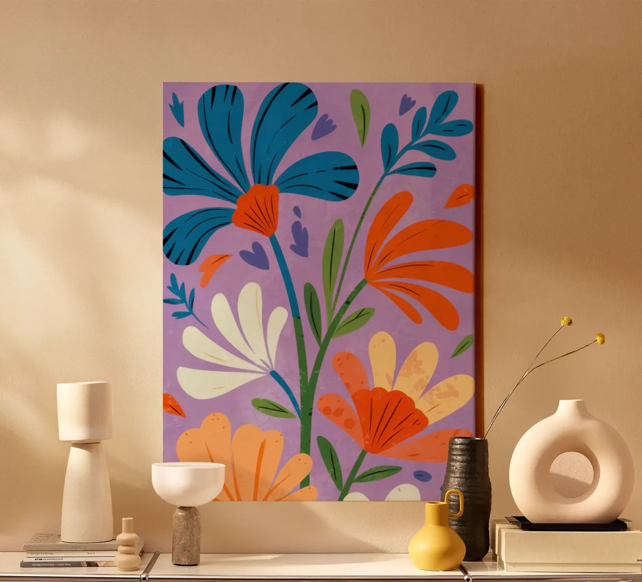 Fantasía floral púrpura lienzo con Marco flotante de Nova Glaze