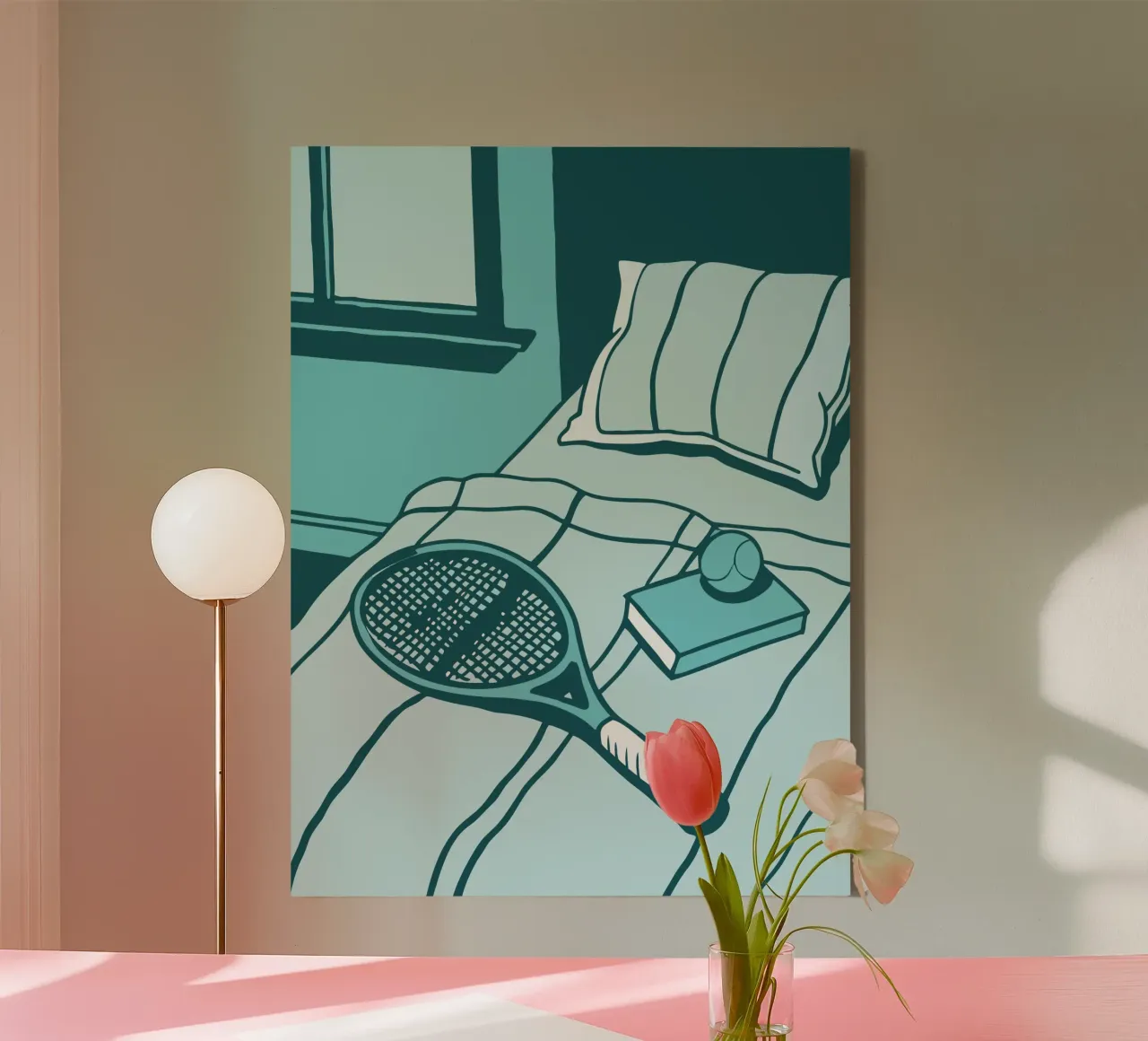 Tenis y libros en la cama lienzo con Marco flotante de SPORTS ONLY