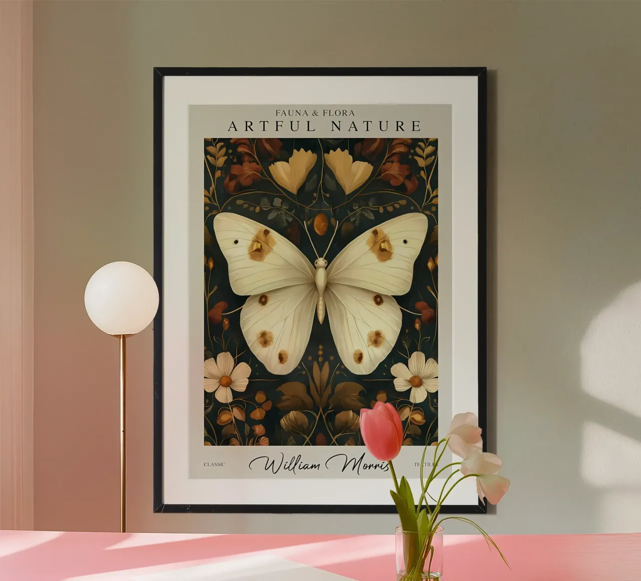 farfalla natura bianco poster con telaio in alluminio da Amber Hughes