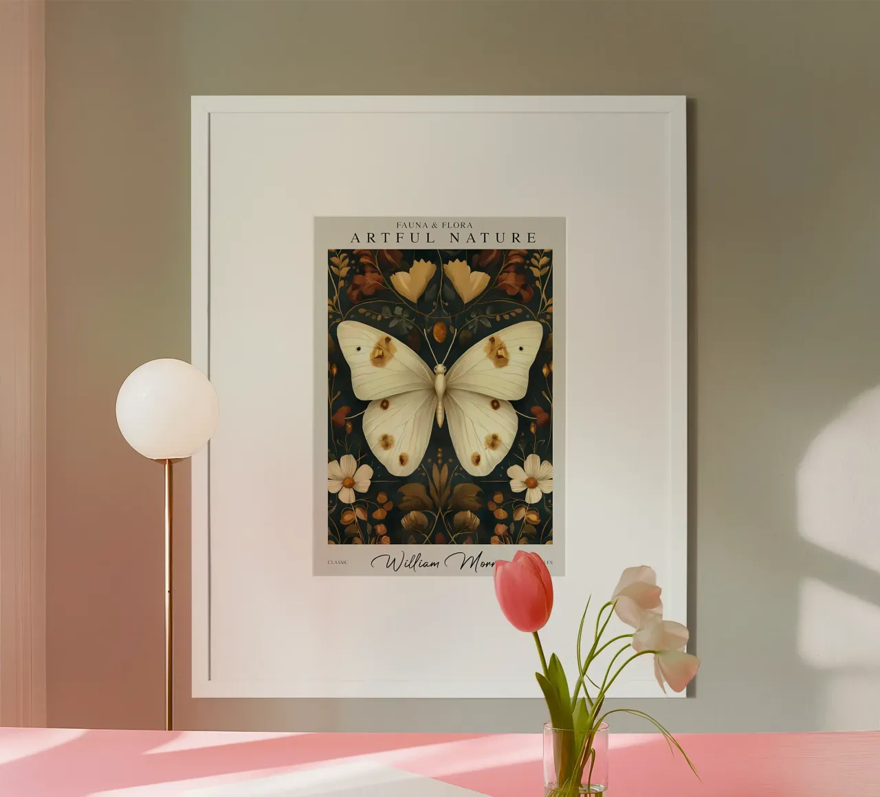 farfalla natura bianco poster con telaio in alluminio da Amber Hughes