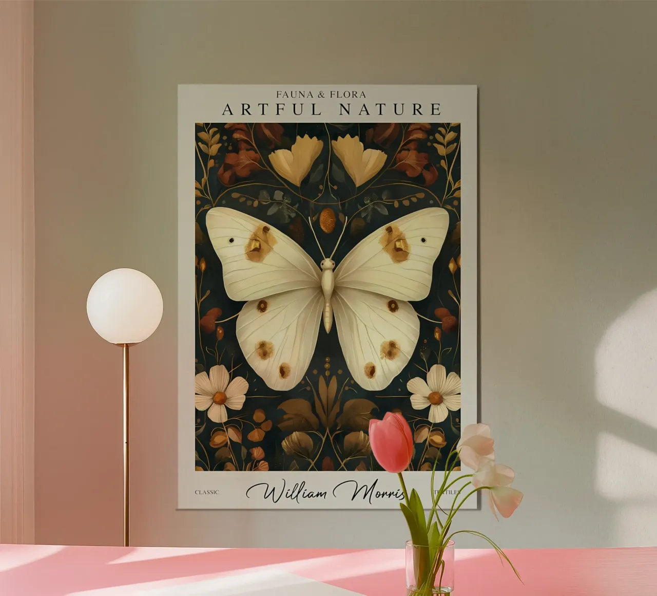 farfalla natura bianco poster con telaio in alluminio da Amber Hughes