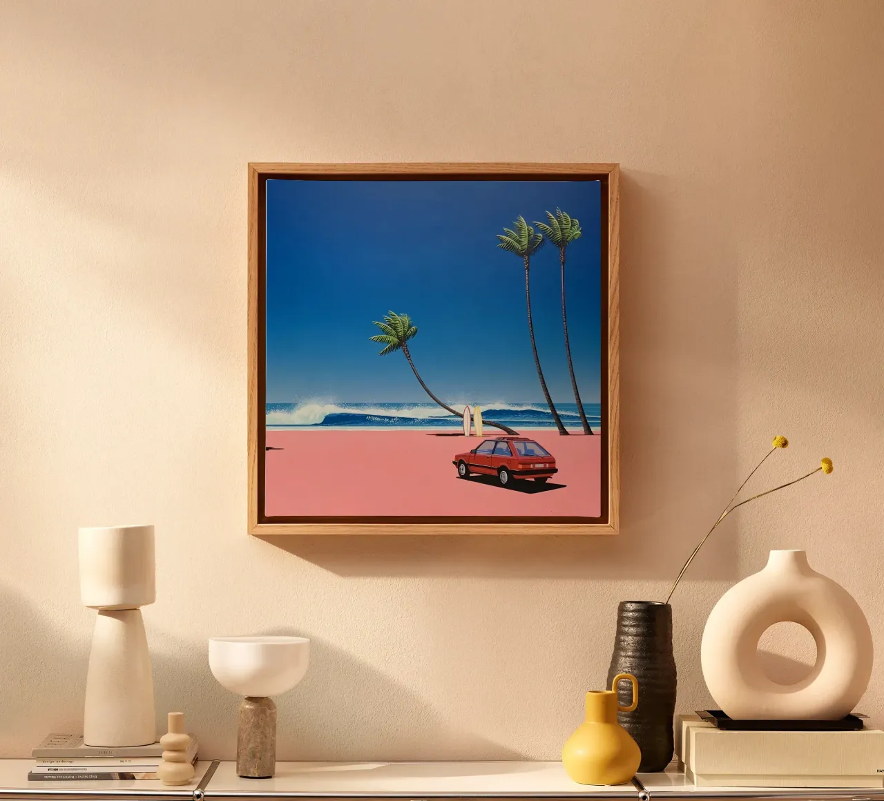 Rode auto canvas met Baklijst van Art In The Sky