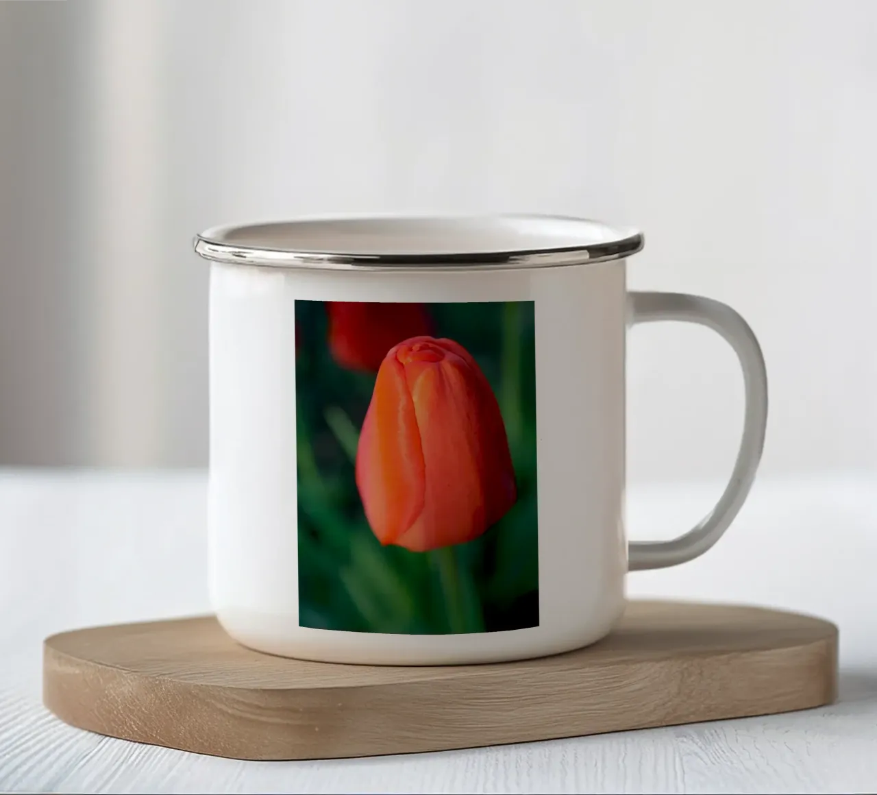 Red Tulip Unfolding – Minimal Botanical Close-Up enamel mug by jay