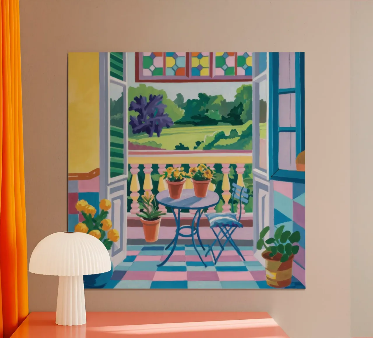 Vista sul balcone verdeggiante poster con telaio in plastica da Scaller Stars