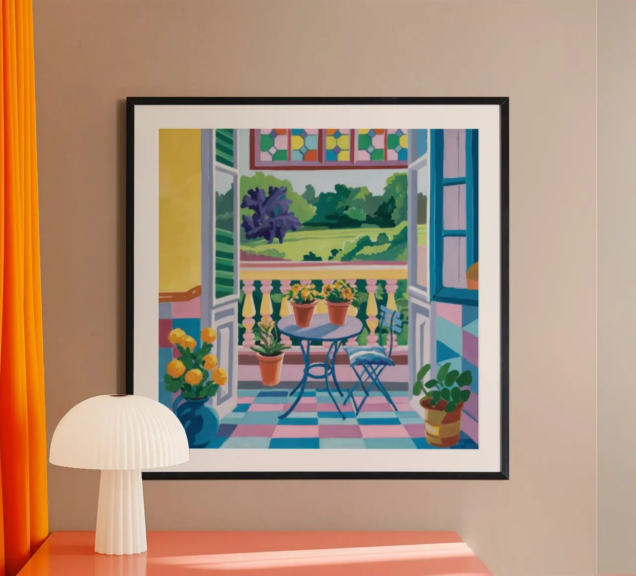 Vista sul balcone verdeggiante poster con telaio in plastica da Scaller Stars