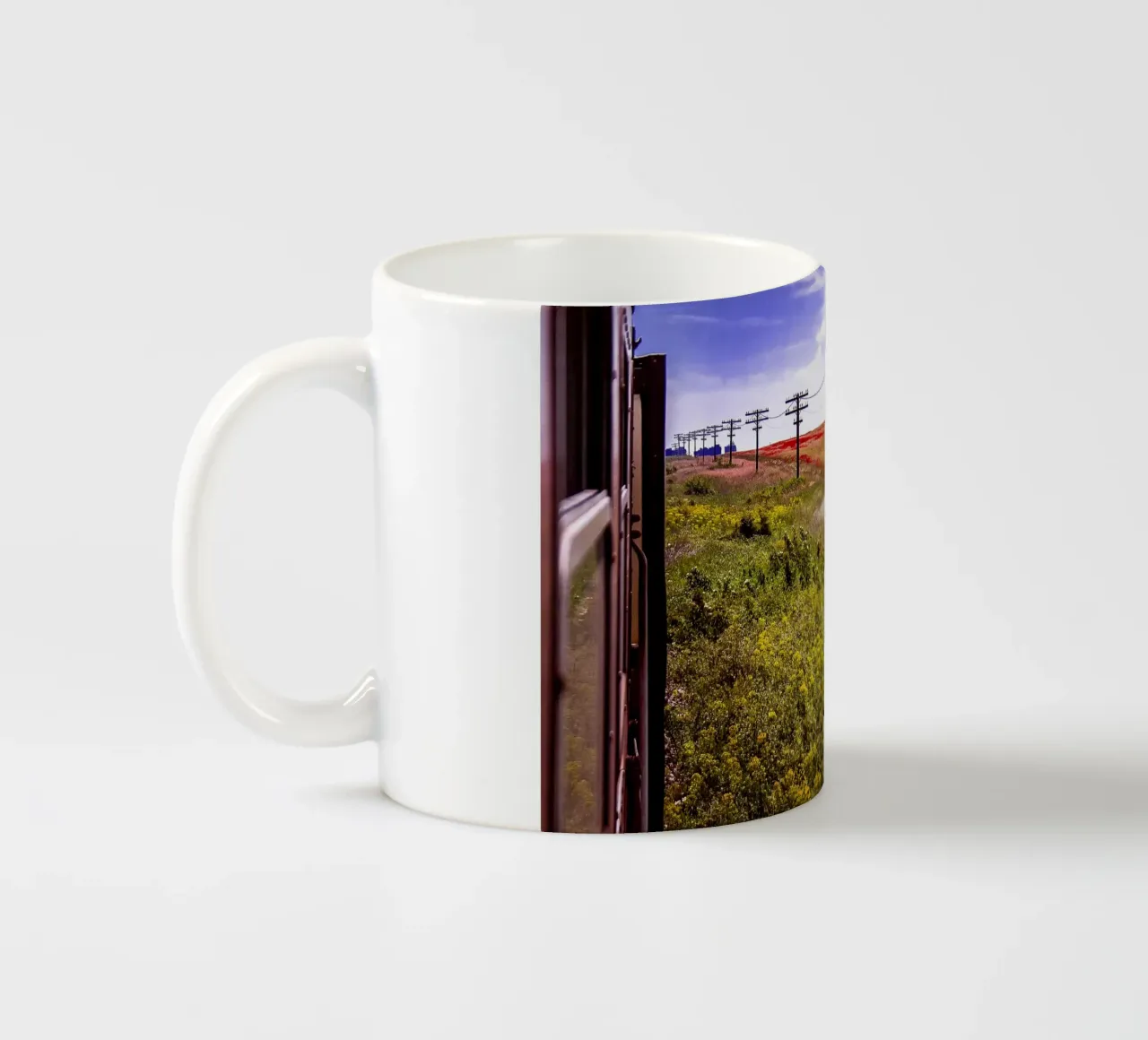Spring is Loading in Romania – Wildflower Field from Train W ceramic mug by jay