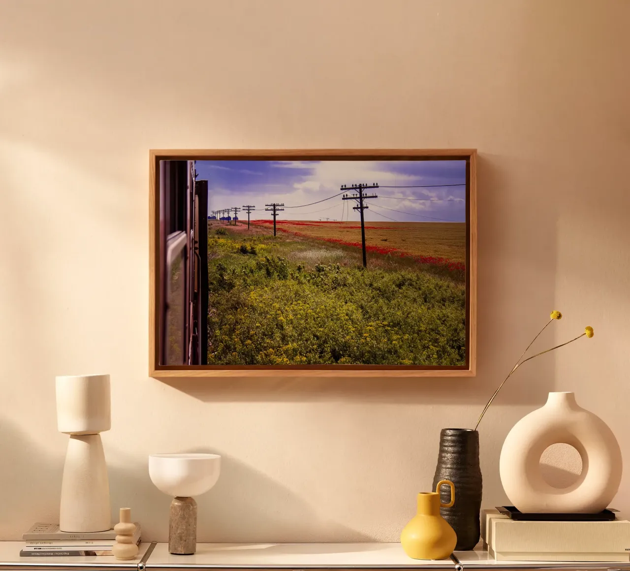 Spring is Loading in Romania – Wildflower Field from Train W canvas with Floater frame by jay