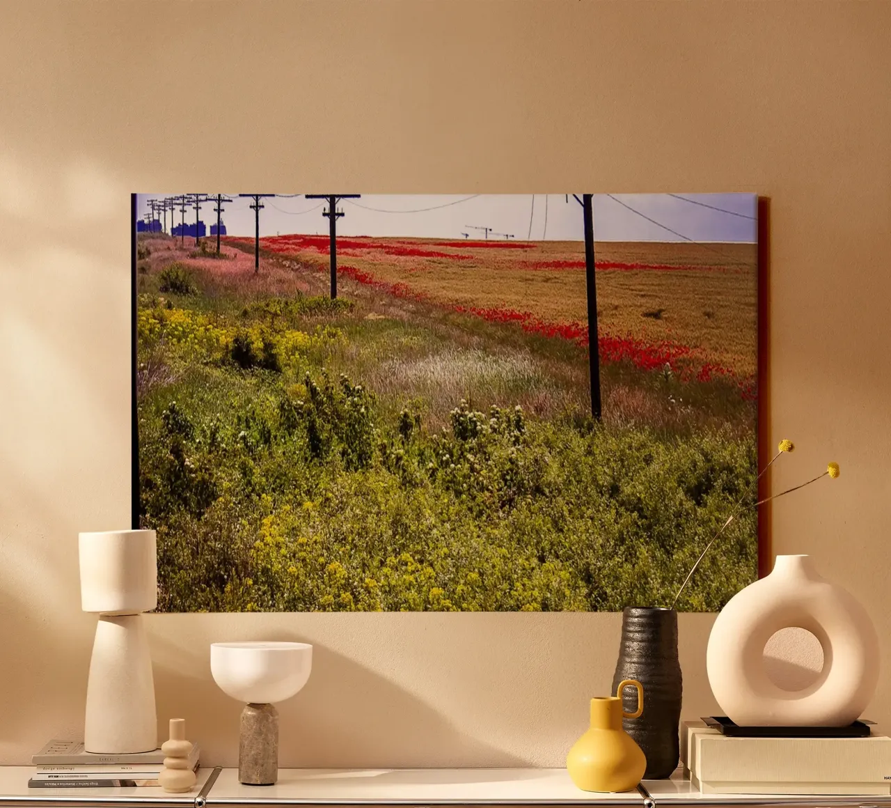 Spring is Loading in Romania – Wildflower Field from Train W canvas with Floater frame by jay