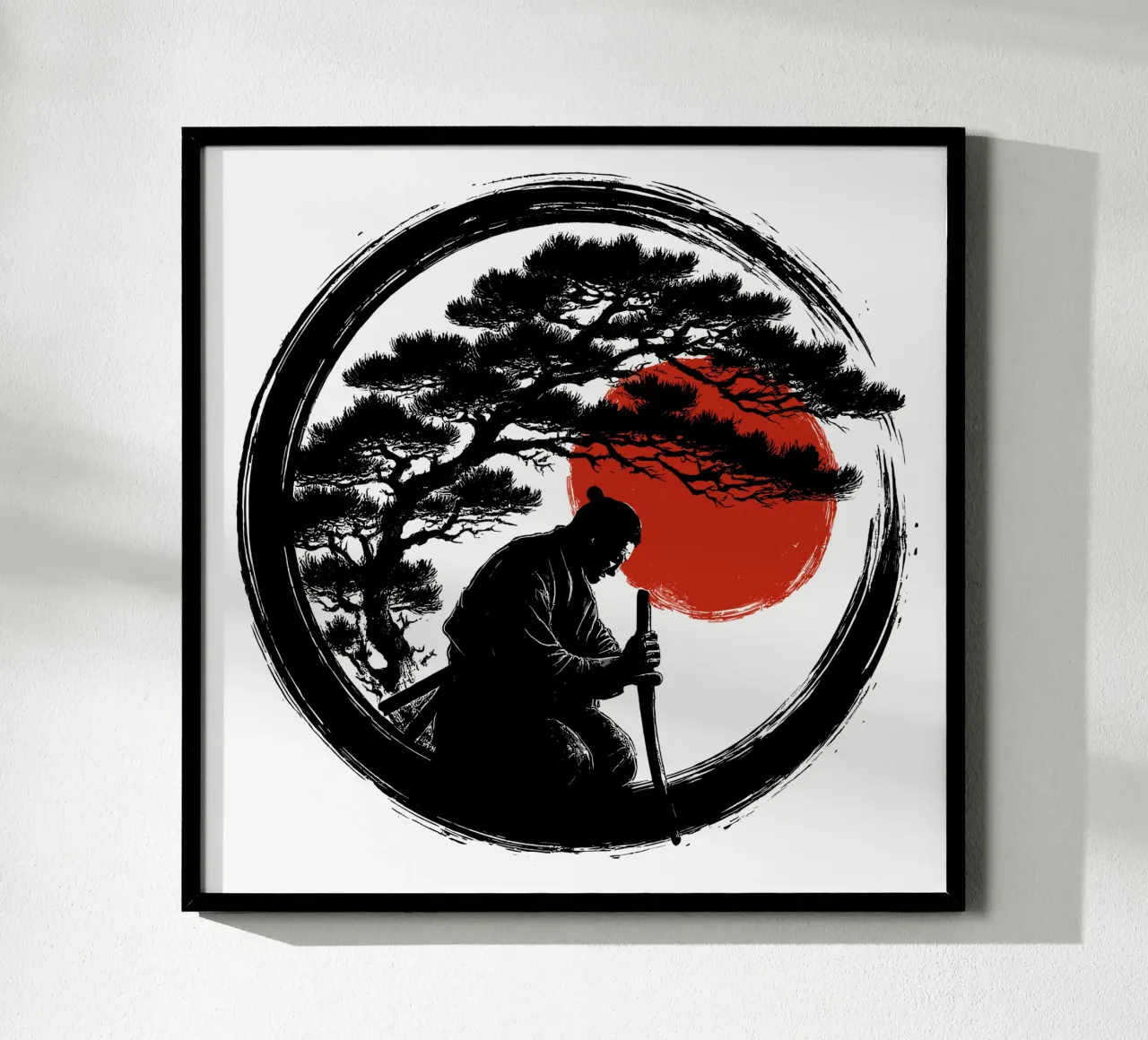 Meditazione Enso Samurai con il Sole Rosso poster con telaio in legno da LM2KONE
