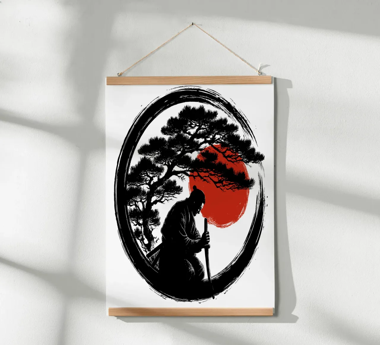 Meditazione Enso Samurai con il Sole Rosso poster con telaio in legno da LM2KONE