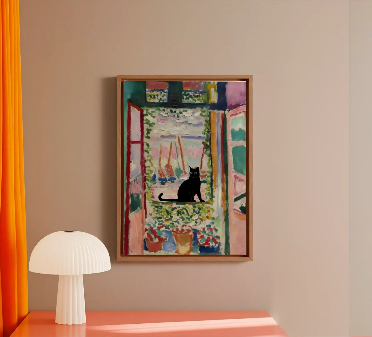 Cat Print Matisse Open Window canvas with Floater frame by clay bobby