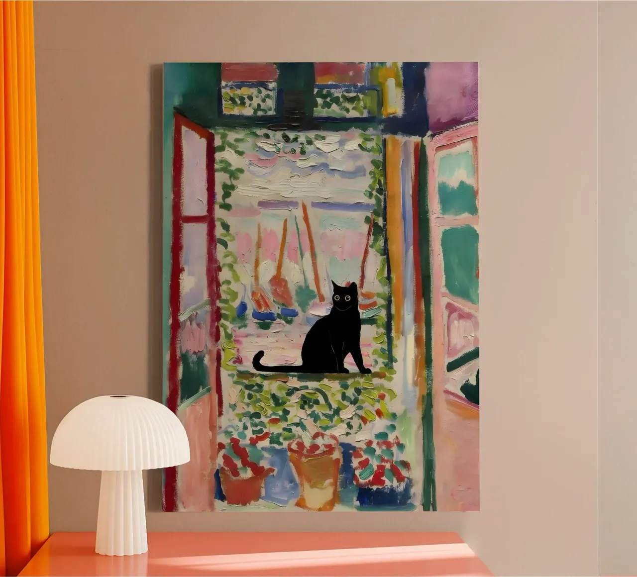 Cat Print Matisse Open Window canvas with Floater frame by clay bobby