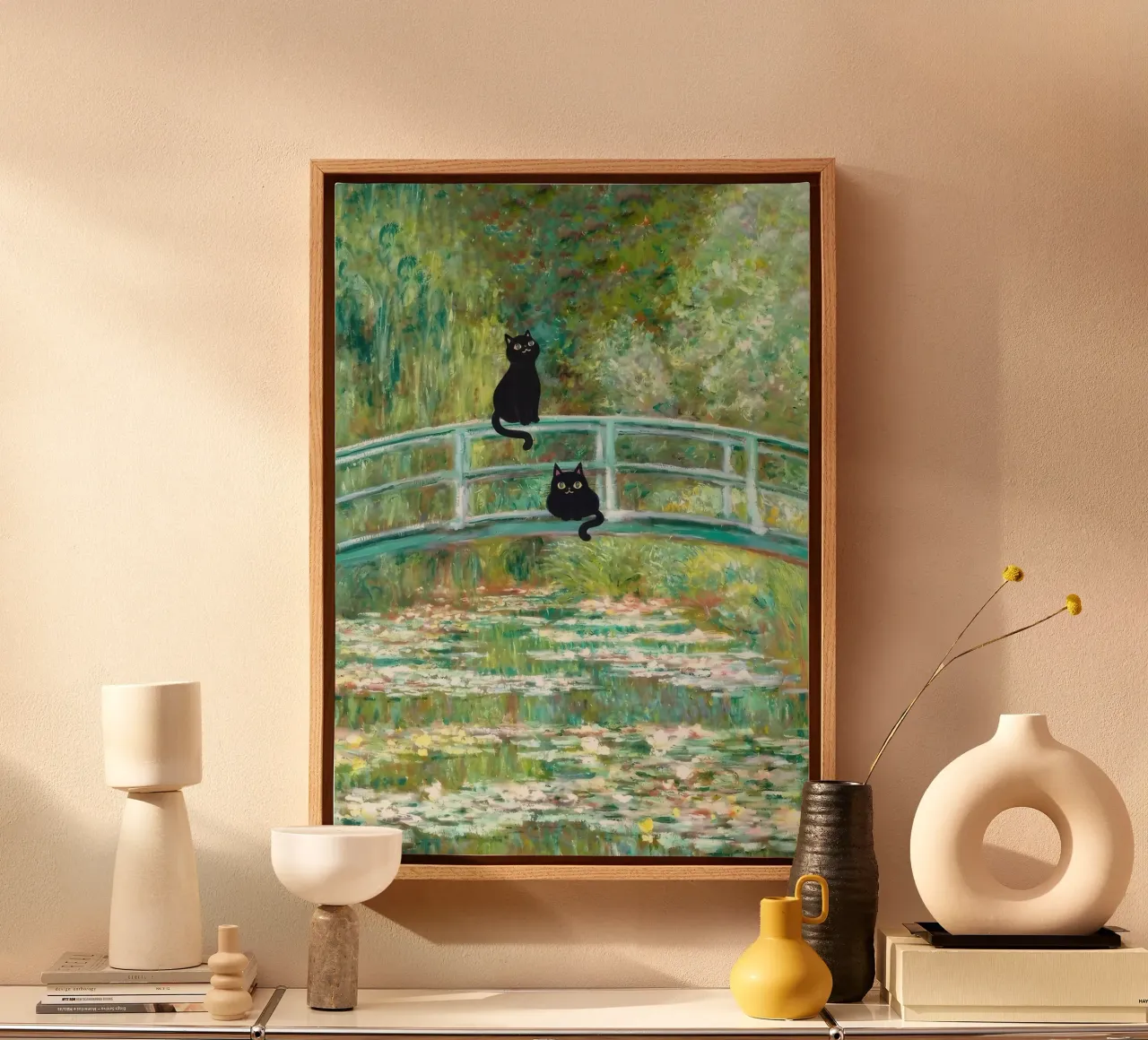 Il ponte dello stagno delle ninfee con i gatti di Monet tela con Cornice a cassetta da clay bobby