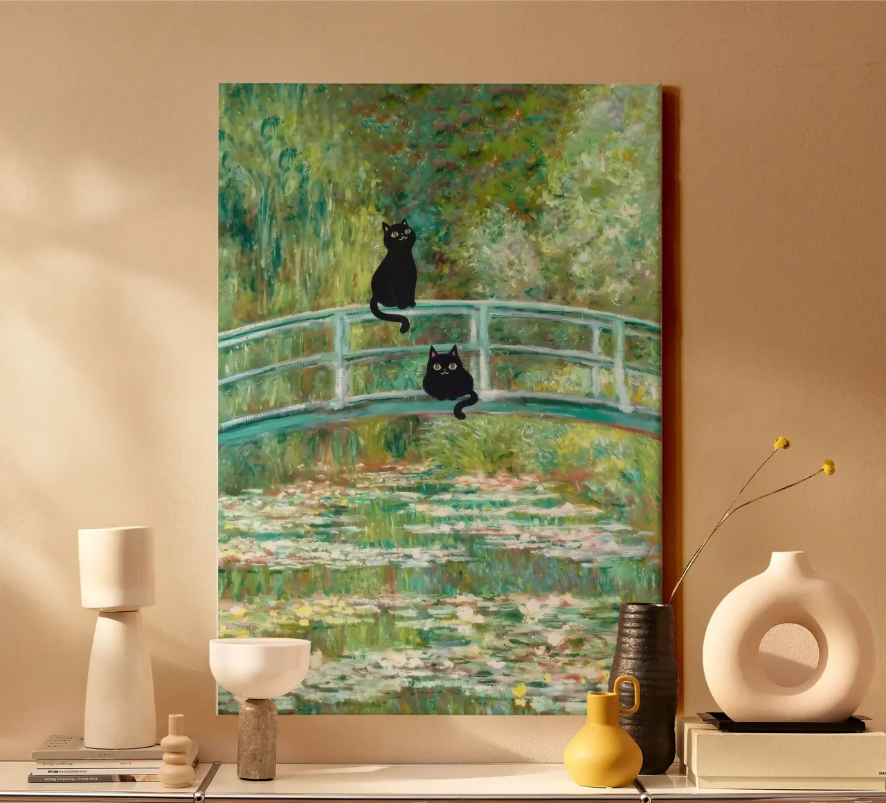 Il ponte dello stagno delle ninfee con i gatti di Monet tela con Cornice a cassetta da clay bobby